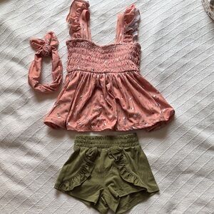 Pink Floral Top and Olive Green Shorts Set